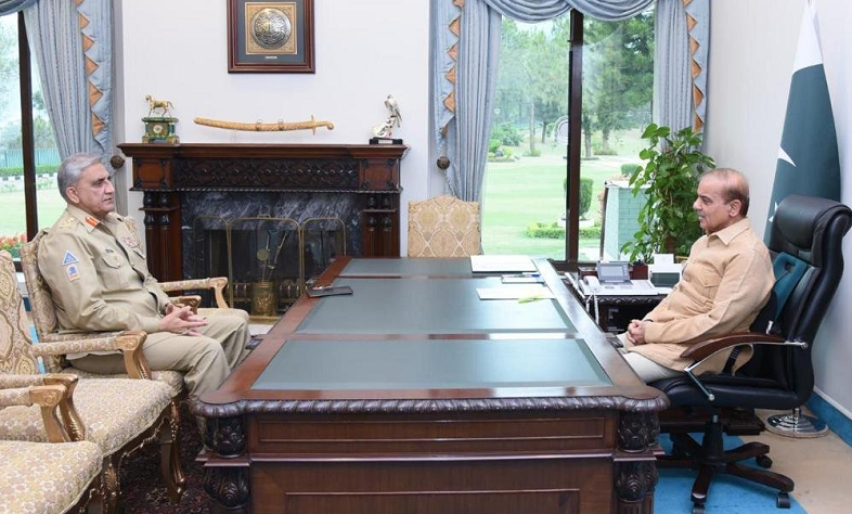 Chief of Army Staff General Qamar Javed Bajwa meets newly-elected Prime Minister Shehbaz Sharif at the PM House in Islamabad on Tuesday. — Screengrab