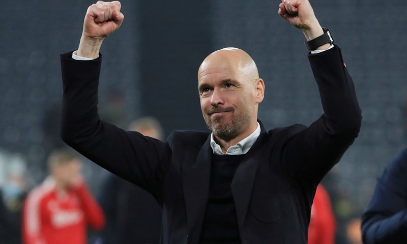 in this photo, Erik ten Hag is seen  celebrating after Ajax Amsterdam's Champions League match against Borussia Dortmund in Germany. &mdash; Reuters/File