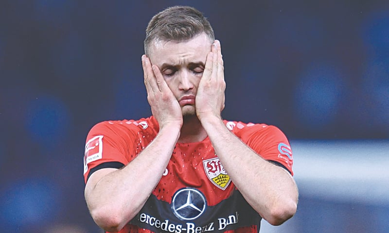 BERLIN: VfB Stuttgart&rsquo;s Sasa Kalajdzic reacts after Hertha Berlin scored their second goal during the Bundesliga match at the Olympiastadion.&mdash;Reuters
