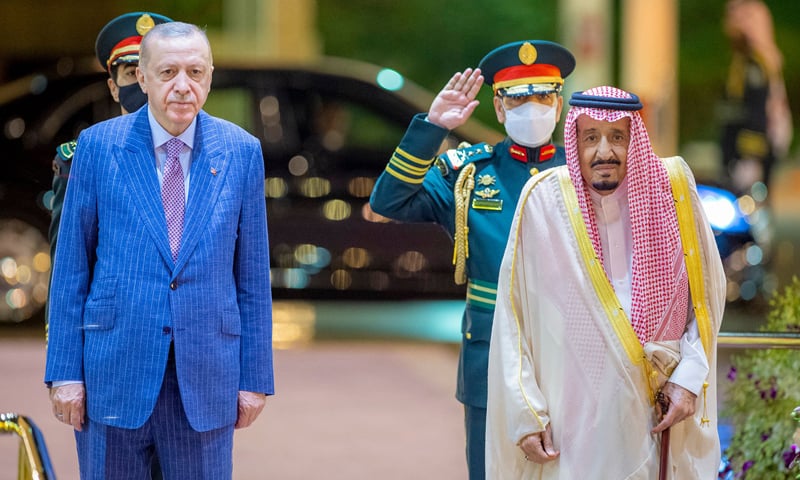 This handout image released by the Saudi press Agency (SPA) on April 28, 2022 shows Saudi King Salman bin Abdulaziz escorting Turkish President Tayyip Erdogan (L) during a meeting in Saudi Arabia's Red Sea coastal city of Jeddah. — AFP