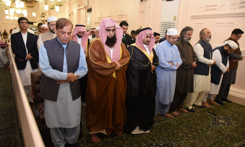 Prime Minister Shehbaz Sharif offered prayers at the Prophet's Mosque yesterday.—DawnNewsFile