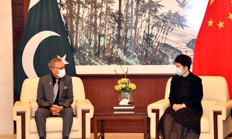 President Dr Arif Alvi (L) meets Charge d’ Affaires Pang Chunxue at the Chinese Embassy on Saturday. — The President of Pakistan Twitter