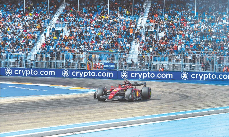 MIAMI: Ferrari’s Monegasque driver Charles Leclerc races during qualifying for the Miami Formula One Grand Prix at the Miami International Autodrome.—AFP