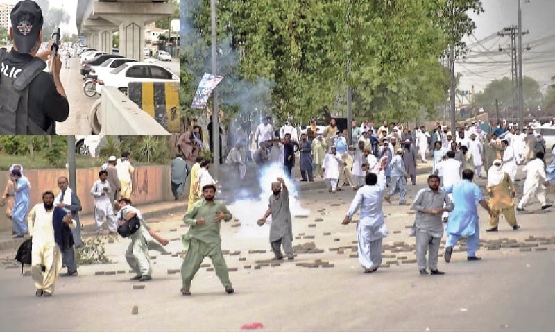 Employees of Workers Welfare Board pelt stones at policemen during their protest in Peshawar on Tuesday to demand regularisation as a police official (inset) fires tear gas canisters.&mdash; INP