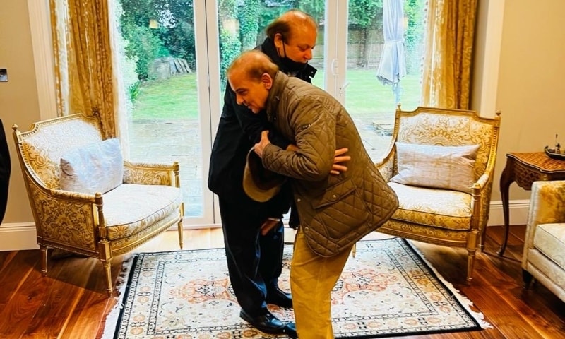 PML-N supremo Nawaz Sharif (L) greets his brother, Prime Minister Shehbaz Sharif, in London on Wednesday. — Maryam Nawaz Sharif Twitter