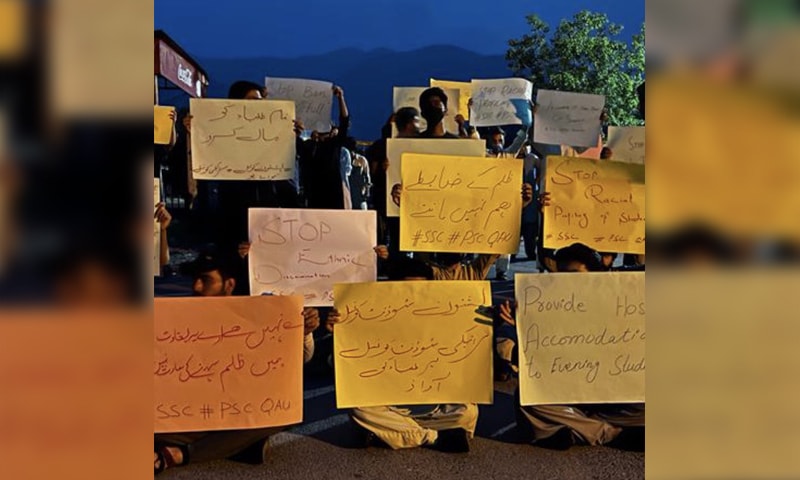 Quaid-i-Azam University  students stage a protest at the varsity on May 9. — Photo courtesy Pakhtoon Council