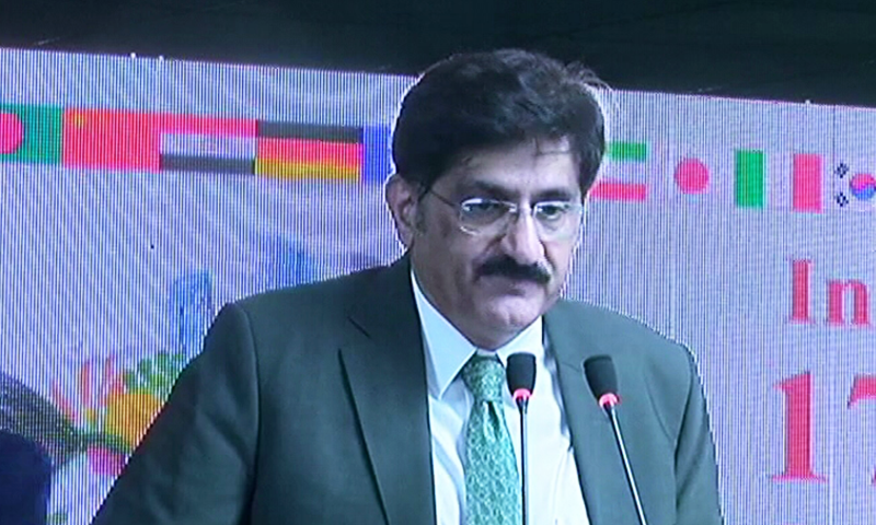 Sindh CM Murad Ali Shah speaks at an event in Karachi on Friday. —DawnNewsTV