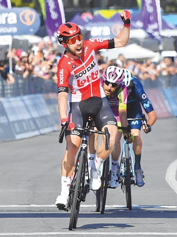 NAPLES: Lotto Soudal’s Thomas De Gendt crosses the line to win the eighth stage of the Giro d’Italia on Saturday.—Reuters