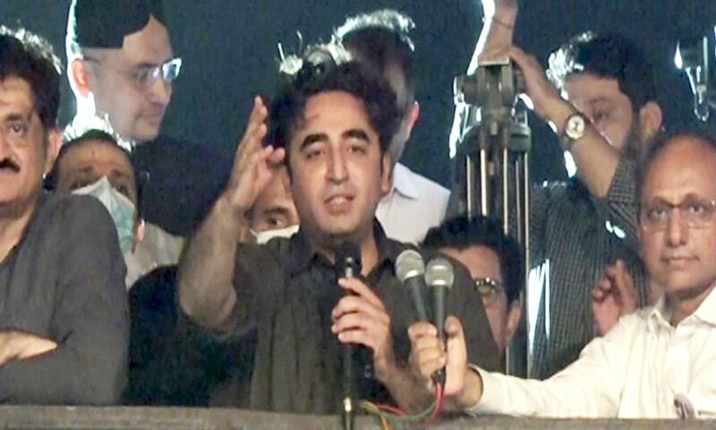 Foreign Minister Bilawal Bhutto addresses  a public rally in Karachi. &ndash; DawnNewsTV