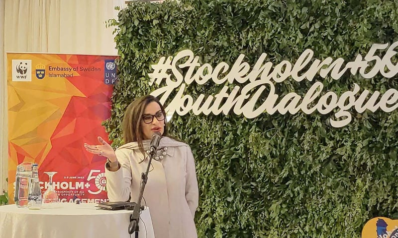 Minister for Climate Change Senator Sherry Rehman speaks at a youth dialogue organised by the embassy of Sweden in Islamabad on Tuesday. — PID website