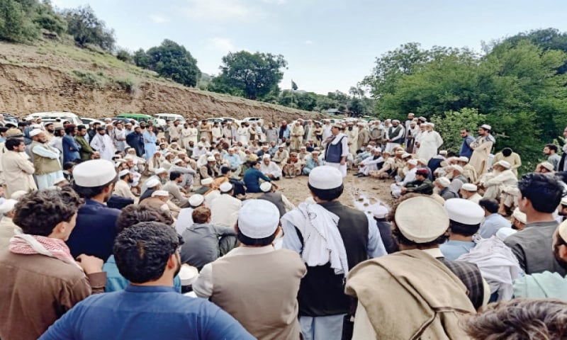 The elders of Kukikhel tribe attend a jirga in Mehraban Kallay, Khyber tribal district. — Dawn