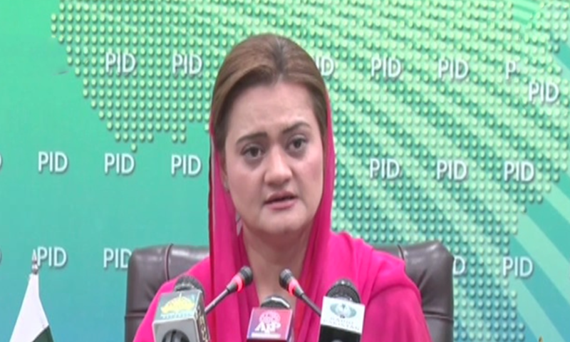 Information Minister Marriyum Aurangzeb addresses a press conference in Islamabad on Saturday. — DawnNewsTV