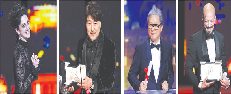 (L-R) Best actress Zar Amir-Ebrahimi, best actor Song Kang-Ho, best director Park Chan-wook and best screenplay winner Tarik Saleh.—AFP