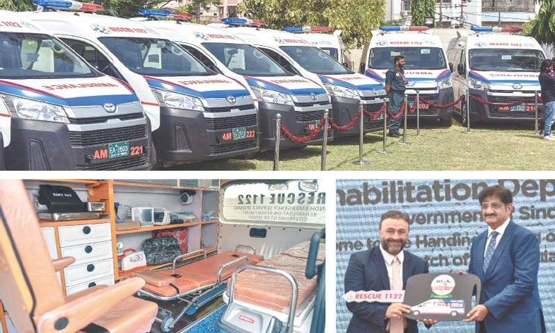 Clockwise from top: Ambulances of the newly launched rescue service are parked in the KMC Sports Complex on Tuesday; World Bank country director Najy Benhassine gives a symbolic key of the vehicle to Sindh Chief Minister Syed Murad Ali Shah on the occasion; an interior view of the ambulance, which is packed with life-saving equipment.&mdash;Fahim Siddiqi / White Star