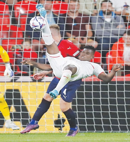 PRAGUE: Switzerland’s Breel Embolo attempts an overhead kick during the match against the Czech Republic at Sinobo Stadium. —Reuters