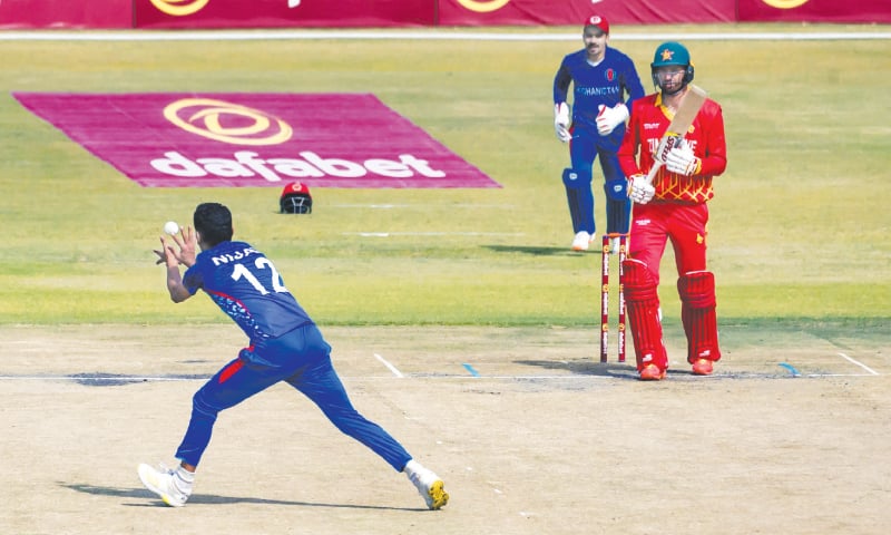 AFGHANISTAN pacer Nijat Masood takes a return catch to dismiss Zimbabwe captain Craig Ervine during the first T20 International at the Harare Sports Club on Saturday.—AFP AFGHANISTAN pacer Nijat Masood takes a return catch to dismiss Zimbabwe captain Craig Ervine during the first T20 International at the Harare Sports Club on Saturday.—AFP