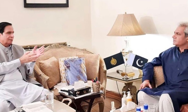 Former Punjab Governor Omar Sarfraz Cheema (R) calls on Punjab Assembly Speaker Chaudhry Parvez Elahi at his residence in Lahore. — Photo courtesy Omer Sarfraz Cheema's Twitter Former Punjab Governor Omar Sarfraz Cheema (R) calls on Punjab Assembly Speaker Chaudhry Parvez Elahi at his residence in Lahore. — Photo courtesy Omer Sarfraz Cheema's Twitter