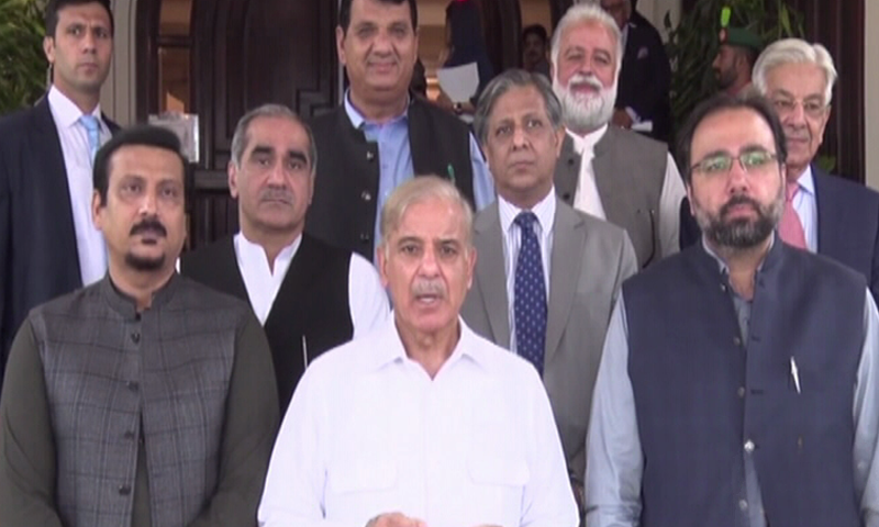 Prime Minister Shehbaz Sharif talks to the media in Islamabad on Tuesday. ⁠— DawnNewsTV