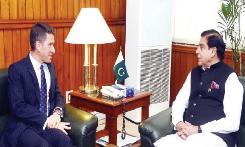 British High Commissioner Dr Christian Turner meets NA Speaker Raja Pervez Ashraf at the Parliament House on Monday. — INP British High Commissioner Dr Christian Turner meets NA Speaker Raja Pervez Ashraf at the Parliament House on Monday. — INP