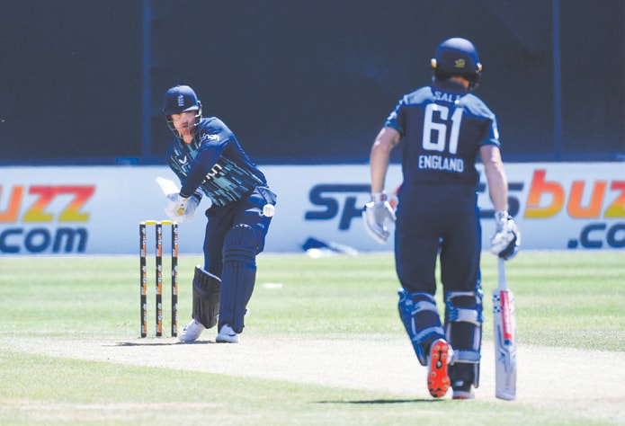 ENGLAND opener Jason Roy plays a shot during the third One-day International against the Netherlands at VRA Cricket Amsterdam on Wednesday.—Reuters