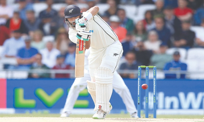 LEEDS: New Zealand’s Daryl Mitchell plays a shot during the third Test against England at Headingley on Sunday.—AFP