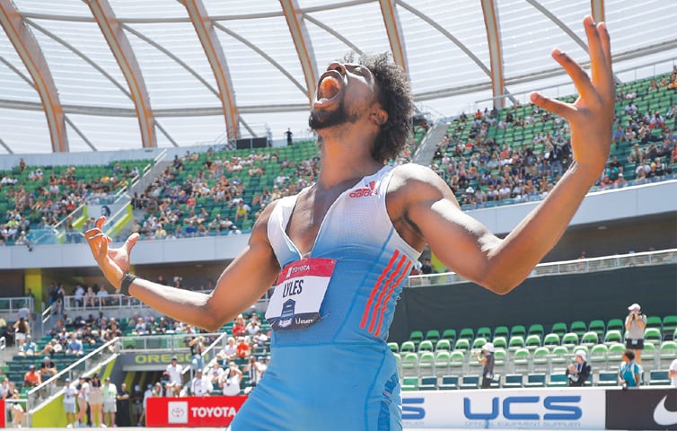 EUGENE: Noah Lyles reacts after winning the men’s 200m final during the USATF Outdoor Championships at Hayward Field.—AFP EUGENE: Noah Lyles reacts after winning the men’s 200m final during the USATF Outdoor Championships at Hayward Field.—AFP
