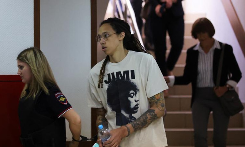 US basketball player Brittney Griner, who was detained in March at Moscow's Sheremetyevo airport and later charged with illegal possession of cannabis, is escorted before a court hearing in Khimki outside Moscow, Russia on July 1, 2022. — Reuters/File