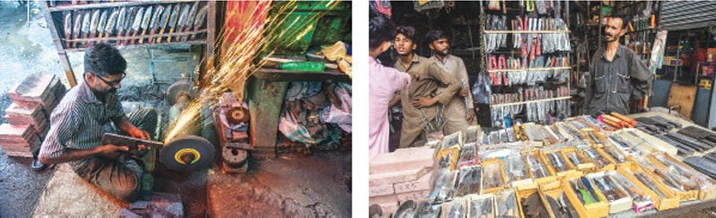 A blacksmith sharpens a knife at his workplace, while a variety of knives and cleavers is on sale at the Eid Gah Lohaar Market..&mdash;Fahim Siddiqi / White Star