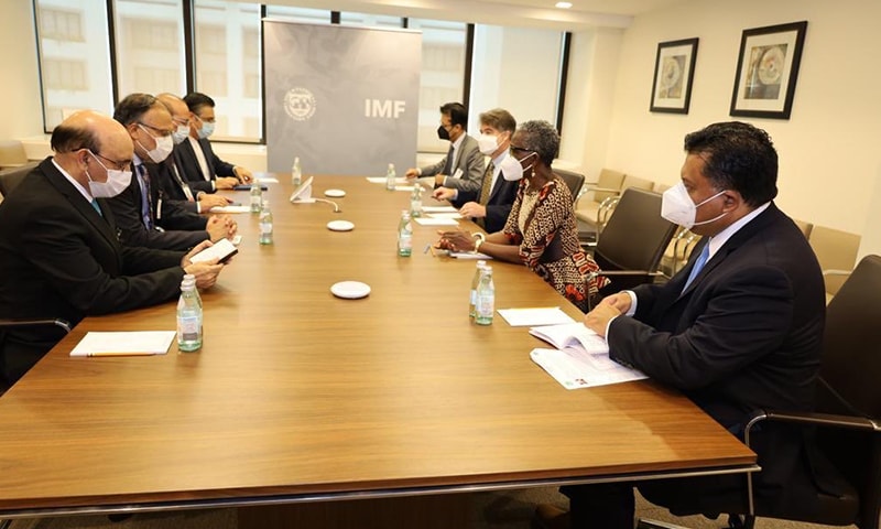 Federal Minister for Planning and Development Ahsan Iqbal holds a meeting with International Monetary Fund Deputy Managing Director Antoinette M. Sayeh and other officials in Washington on Tuesday. — Photo courtesy Pakistan Embassy Twitter