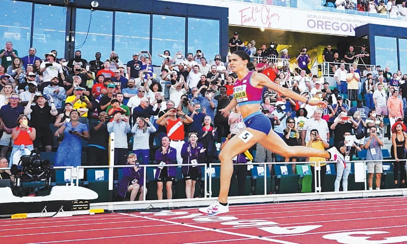 Sydney McLaughlin of the US crosses the line to win the women&rsquo;s 400-metre hurdles final in a world record time at Hayward Field.&mdash;Reuters