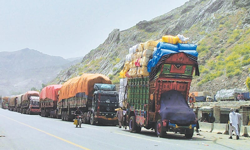 In this file photo, loaded trucks are seen parked on a roadside at Torkham border. Islamabad and Kabul have agreed to implement a Temporary Admission Document allowing free movement of bilateral trade vehicles. — Dawn