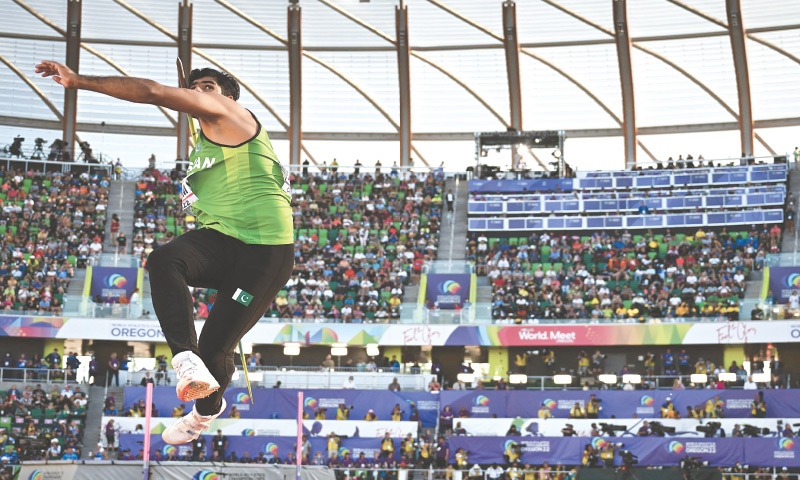 EUGENE (Oregon): Pakistan’s Arshad Nadeem in action during the javelin throw final of the World Athletics Championships at Hayward Field.—AFP