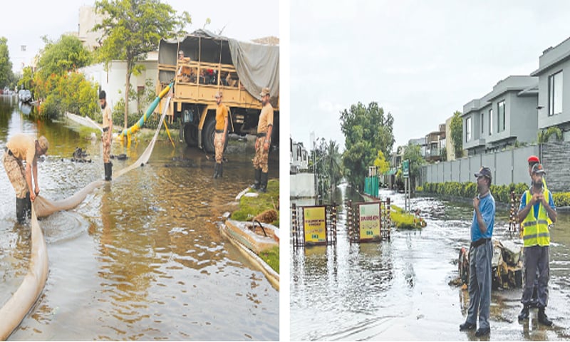 Soldiers carry out drainage operation in Khayaban-i-Bukhari on Tuesday as part of main 26th Street is still blocked for traffic between Khayaban-i-Seher and Khayaban-i-Muhafiz.—Shakil Adil / White Star