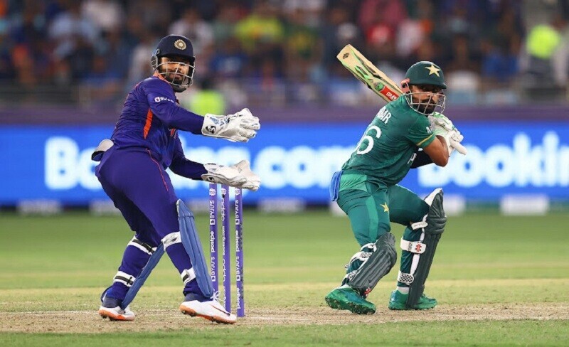 Babar Azam plays a shot during a World T20 match against India in Dubai on Oct 24, 2021. — Picture via ICC