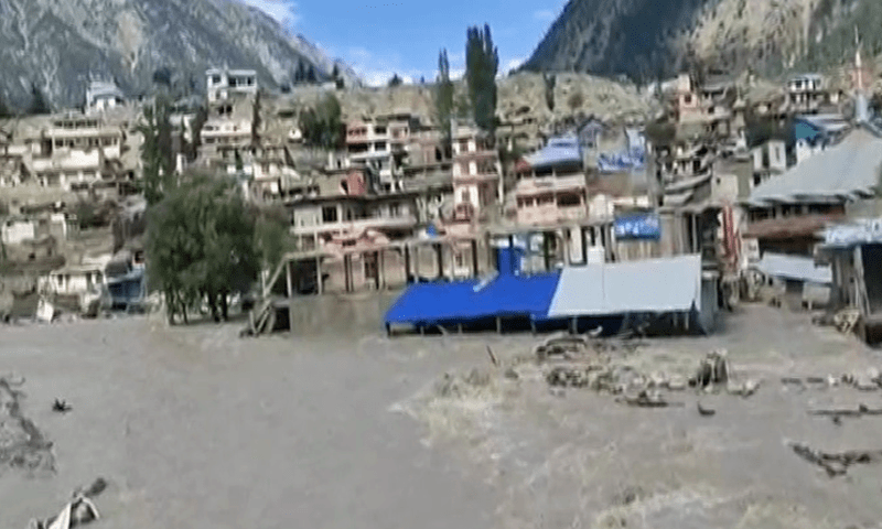 A view of houses submerged by floods in Khyber Pakhtunkhwa on  Monday. — DawnNewsTV