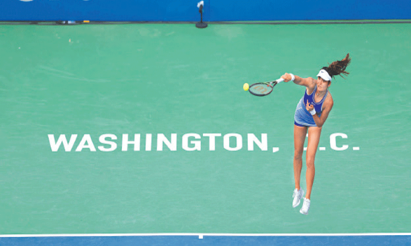 EMMA Raducanu of Great Britain serves to Colombia’s Camila Osorio during their Washington Open match at the Rock Creek Tennis Center. —AFP EMMA Raducanu of Great Britain serves to Colombia’s Camila Osorio during their Washington Open match at the Rock Creek Tennis Center. —AFP