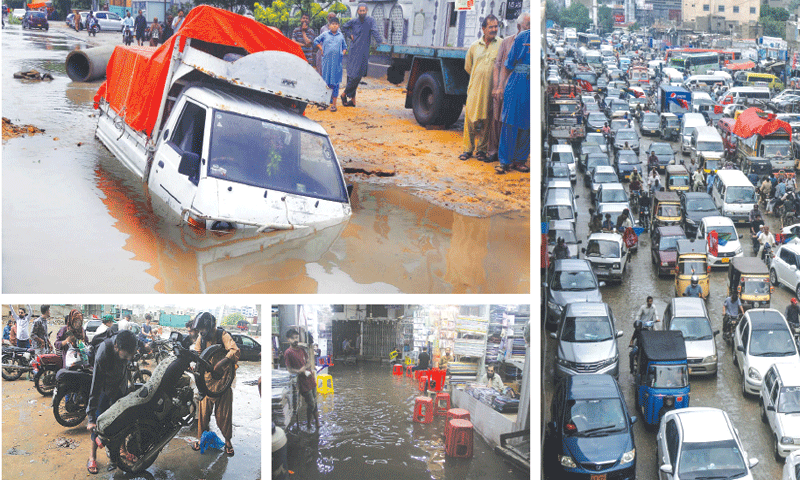 (Clockwise from left) A mini truck is seen stuck in a rainwater-filled ditch dug to lay a pipeline along Sharea Faisal on Wednesday; a severe traffic jam at Liaquatabad No10 after 
the rains; shopkeepers look helpless after water enters a cloth market; and a man lifts his broken down bike to drain out water from the exhaust pipe to restart his journey.
—PPI / Fahim Siddiqi / Shakil Adil / White Star