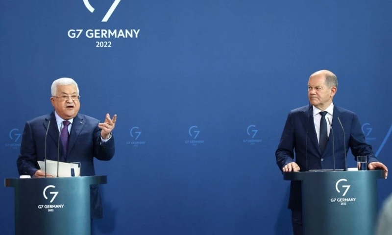 German Chancellor Olaf Scholz and Palestinian President Mahmoud Abbas attend a news conference, in Berlin on August 16. — Reuters