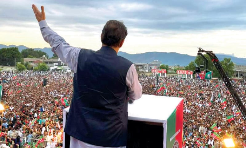 PTI chief Imran Khan addresses a rally in Haripur on Wednesday. — Dawn