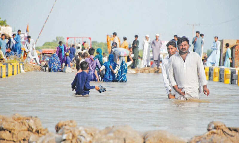 Those displaced by flooding in Jhuddo cross an inundated bridge.—Umair Ali