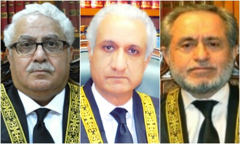 Justice Sayyed Mazahar Ali Akbar Naqvi (L), Justice Ijazul Ahsan (M) and Justice Jamal Mandokhail (R) &mdash; DawnNewsTV