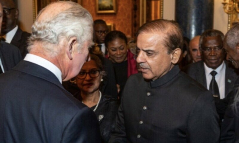 Prime Minister Muhammad Shehbaz Sharif meets King Charles on Sunday in London during the reception hosted by the latter for visiting dignitaries. — Photo courtesy: PML-N Twitter