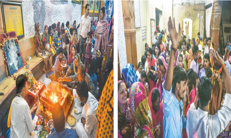 Special pooja and prayers for flood victims under way at the temple. (Right) Devotees sing and dance to drum beats to celebrate the birth of Lord Ganesha.
&mdash;Fahim Siddiqi / White Star