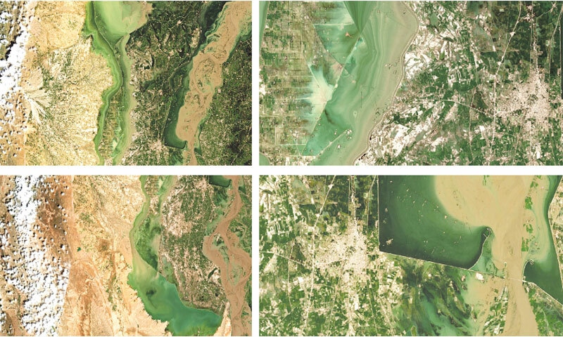 THESE satellite images show Dadu besieged by water from all four sides. (Clockwise) Torrents from Khairpur Nathan Shah in the north inundate the city; the spillover from the Main Nara Valley drain threatens the city from the east; a bloated Indus looms in the west; while, the flooded Manchar Lake lies to the south.—Courtesy Sentinel Hub