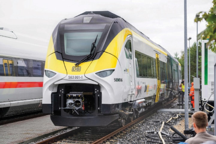 The hydrogen-powered train ‘Mireo Plus H’ of the joint project ‘H2goesRail’ by Siemens Mobility and Deutsche Bahn is pictured during its presentation at the Siemens test site in Wegberg, western Germany.—AFP