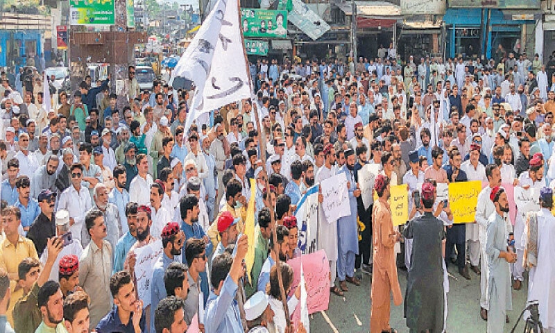 SWAT: Protesters carry placards as they hold a demonstration against increasing terrorist attacks in the valley.—Dawn