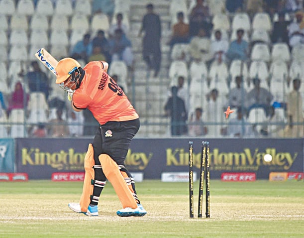 MULTAN: Sindh opener Sharjeel Khan is cleaned up during the National T20 Cup semi-final against Central Punjab at the Multan Cricket Stadium.&mdash;APP