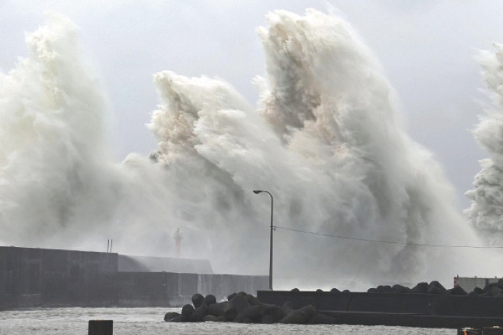 Kochi Prefecture (Japan): High waves triggered by Typhoon Nanmadol seen at a fishing port in Aki, on Monday.—Reuters