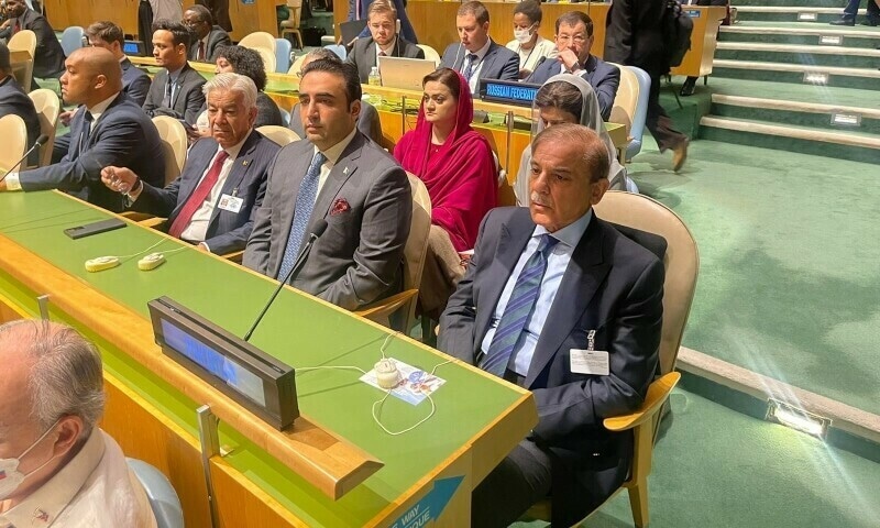 Prime Minister Shehbaz Sharif arrives at the United Nations headquarters in New York, US, Tuesday. — PMO Twitter

Prime Minister Shehbaz Sharif (R), Foreign Minister Bilawal Bhutto Zardari (M), and Defence Minister Khawaja Asif at the welcome reception in New York. — Photo by PTV