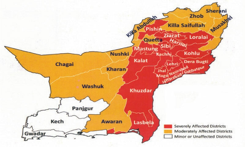 THIS map shows the extent of damage caused by torrential rainfall and catastrophic floods in 32 districts of Balochistan.—Courtesy Population Council report ‘2022 Pakistan Flood’